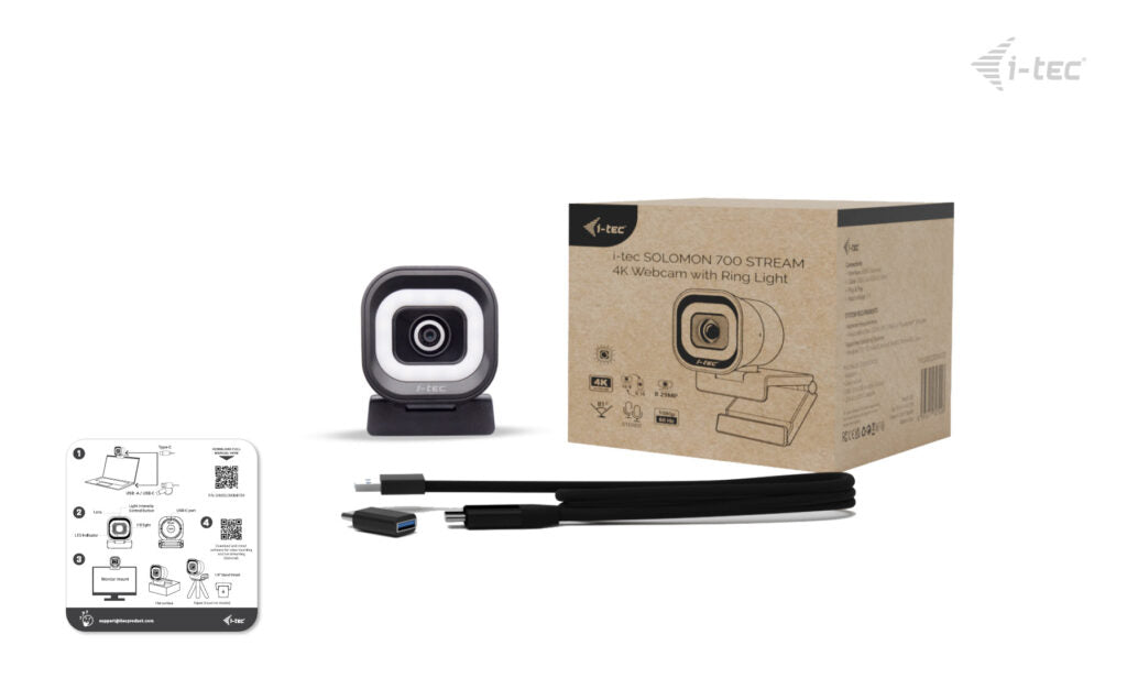 i-tec SOLOMON 700 STREAM 4K Webcam Ring Light, 8,29 MP, 3840 x 2160 Pixel, 60 fps, 81°, 5 V, 25,4 / 2,55 mm (1 / 2.55")