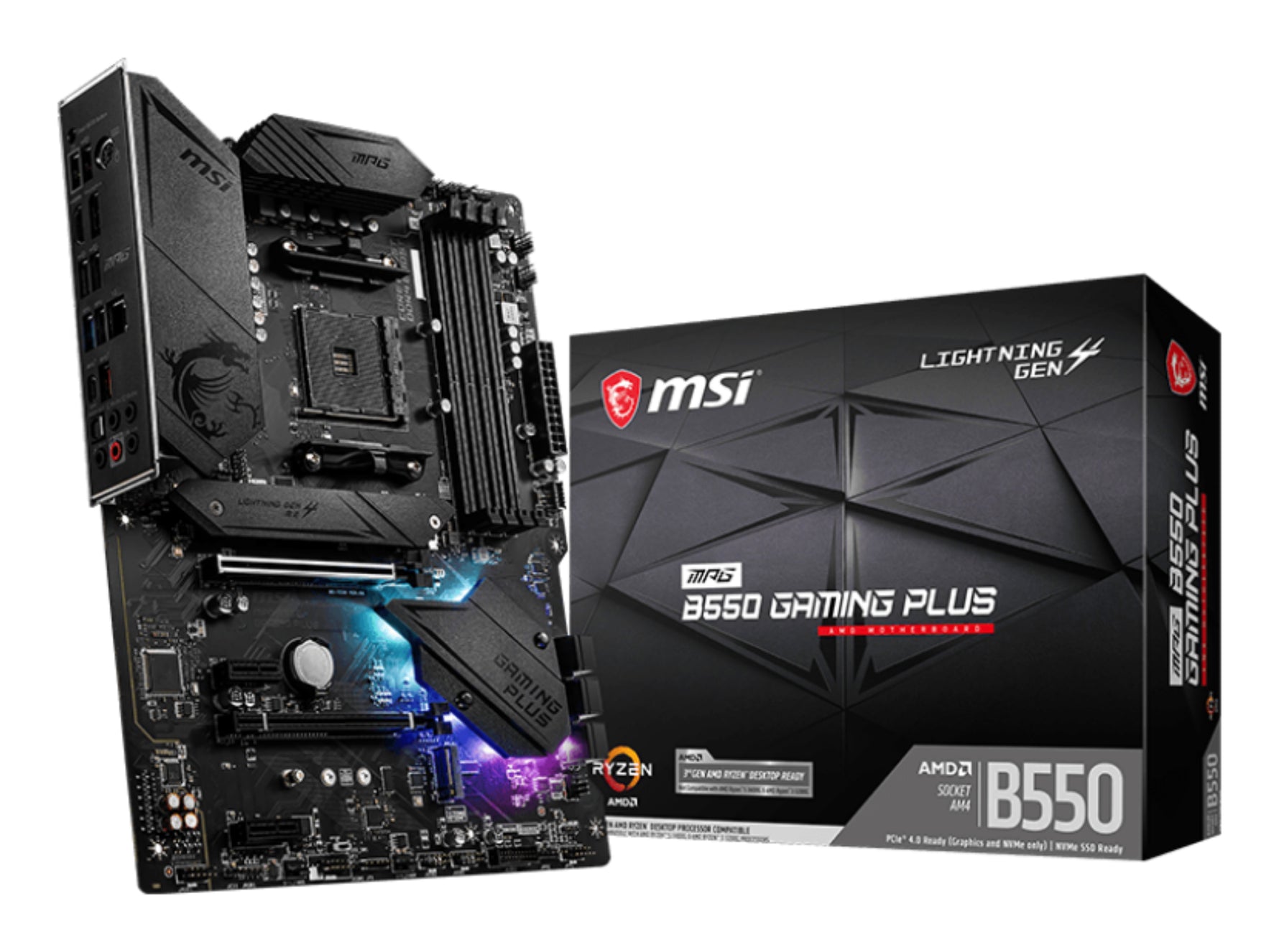 MSI MPG B550 Gaming Plus, AMD, Socket AM4, AMD Ryzen 3000 Series, DDR4-SDRAM, 128 GB, DIMM