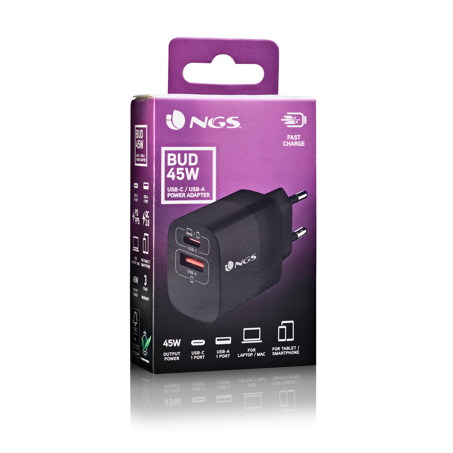 NGS BUD 45W, Interno, AC, 20 V, 3 A, Nero