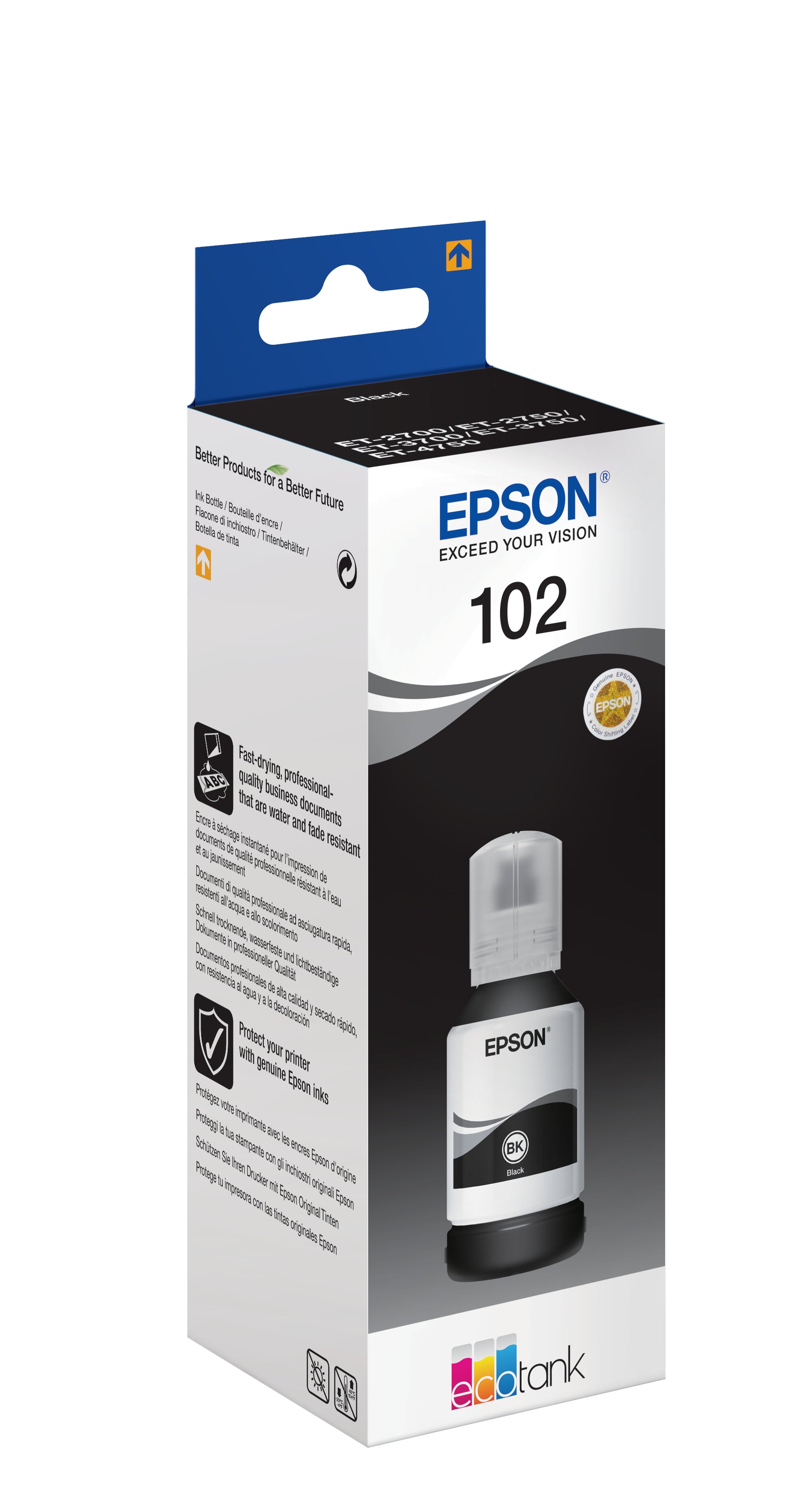 Epson 102 EcoTank flacone inchiostro nero, Originale, Nero, Epson, - EcoTank ET-4750 - EcoTank ET-3750 - EcoTank ET-3700 - EcoTank ET-2750 - EcoTank ET-2700, 127 ml, Stampa inkjet