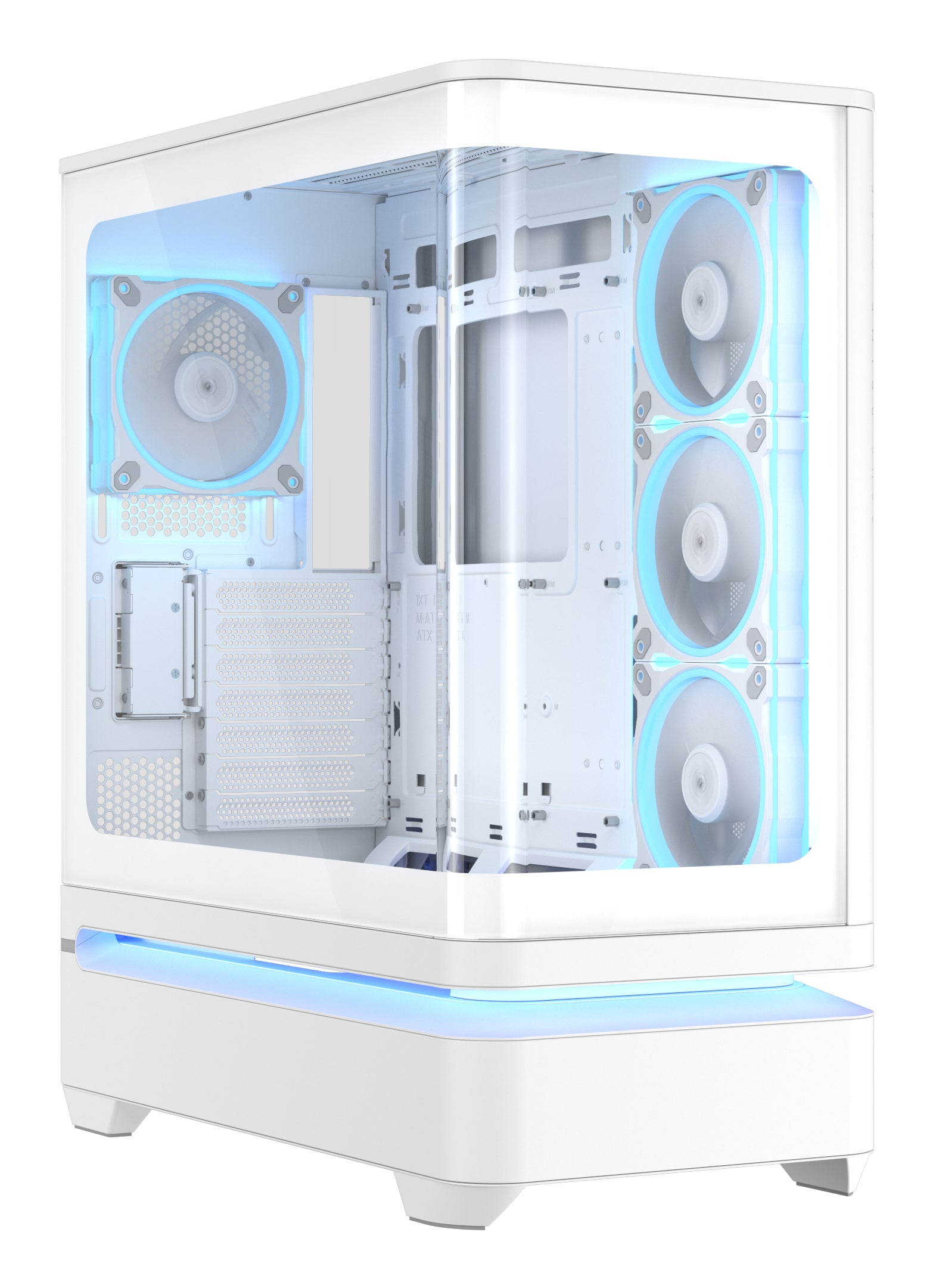 ASUS PRIME AP304 TG ARGB WHITE — vista di tre quarti del pannello panoramico