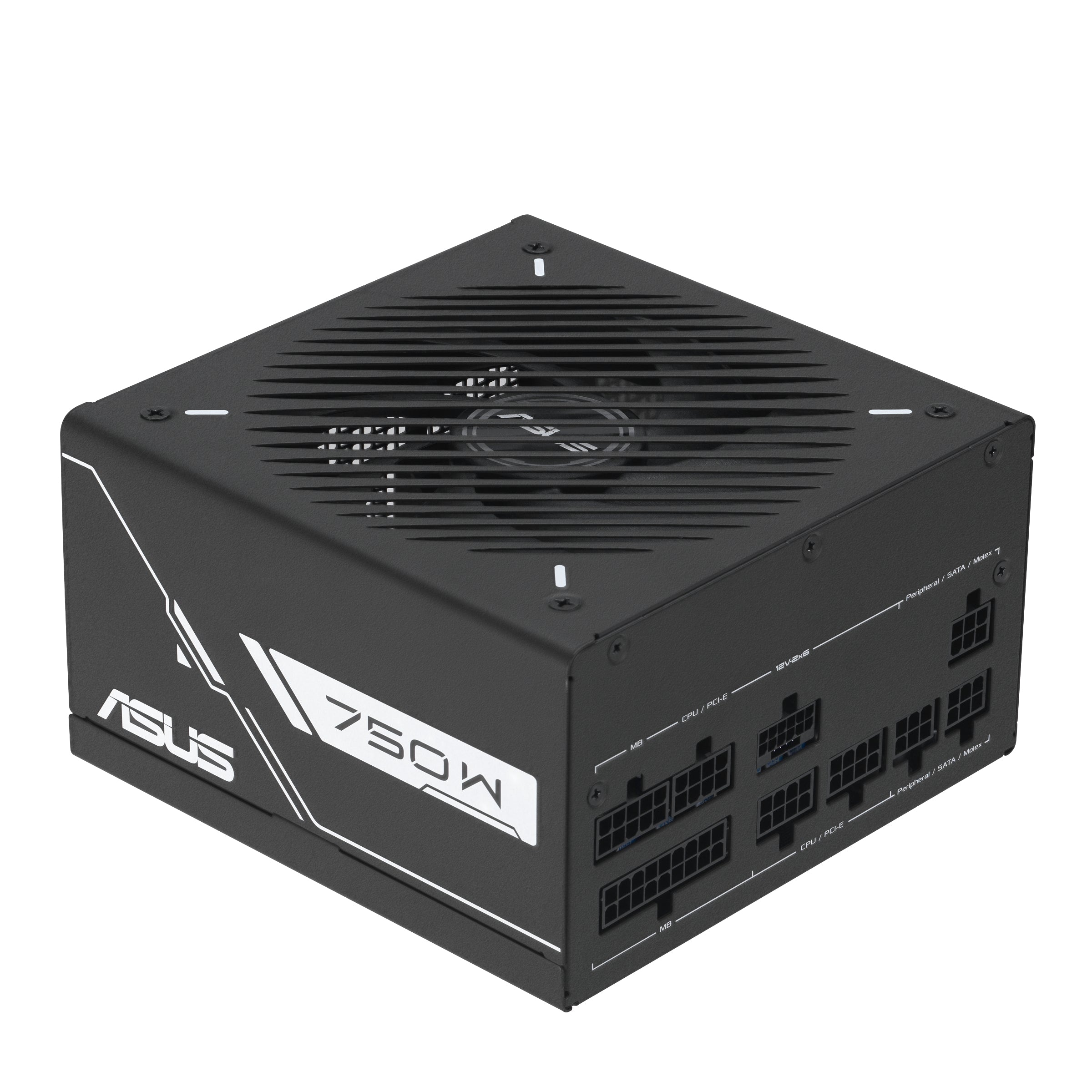 ASUS PRIME 750G — vista di tre quarti della ventola e del pannello modulare
