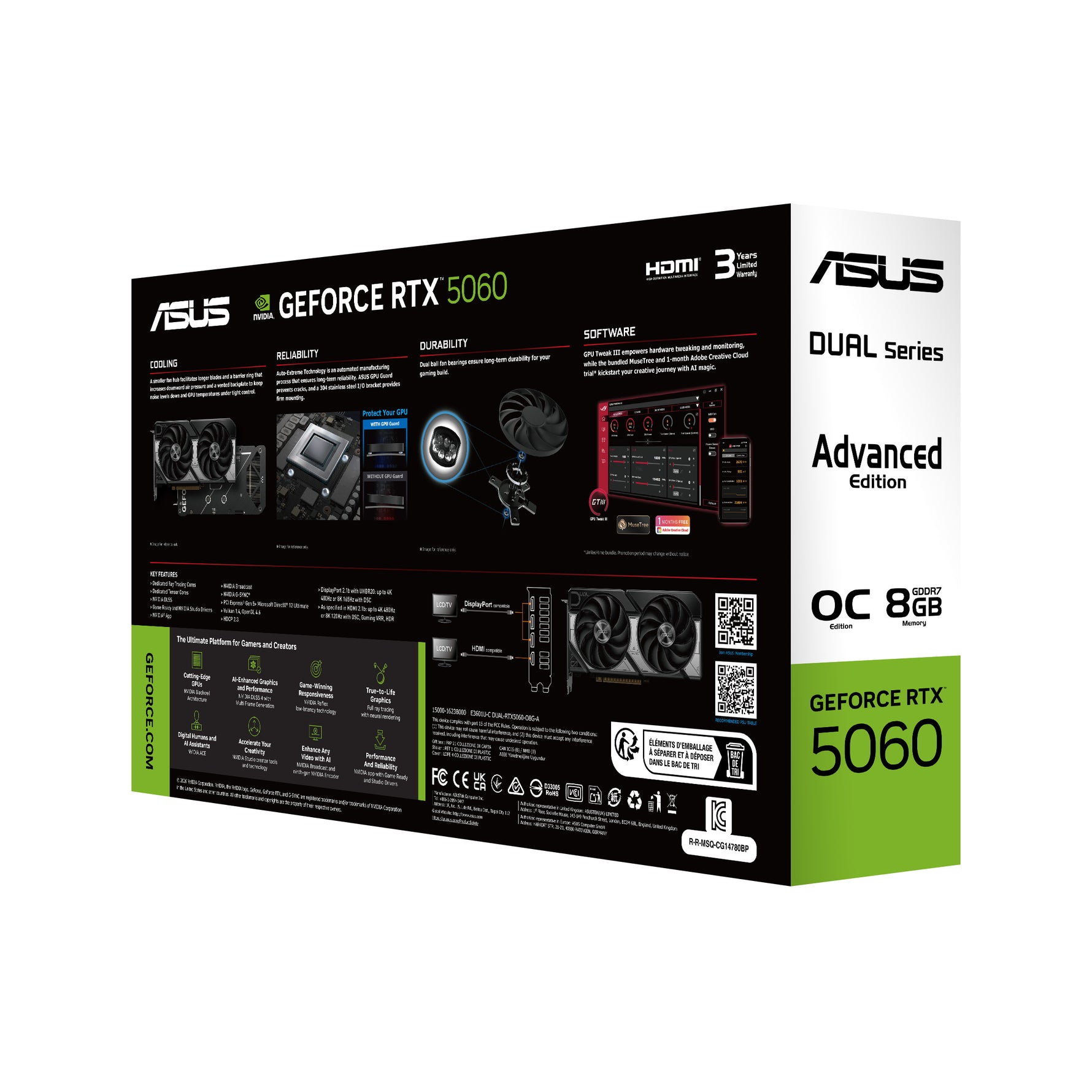 ASUS Dual -RTX5060-O8G-A, GeForce RTX 5060, 8 GB, GDDR7, 128 bit, 7680 x 4320 Pixel, PCI Express 5.0