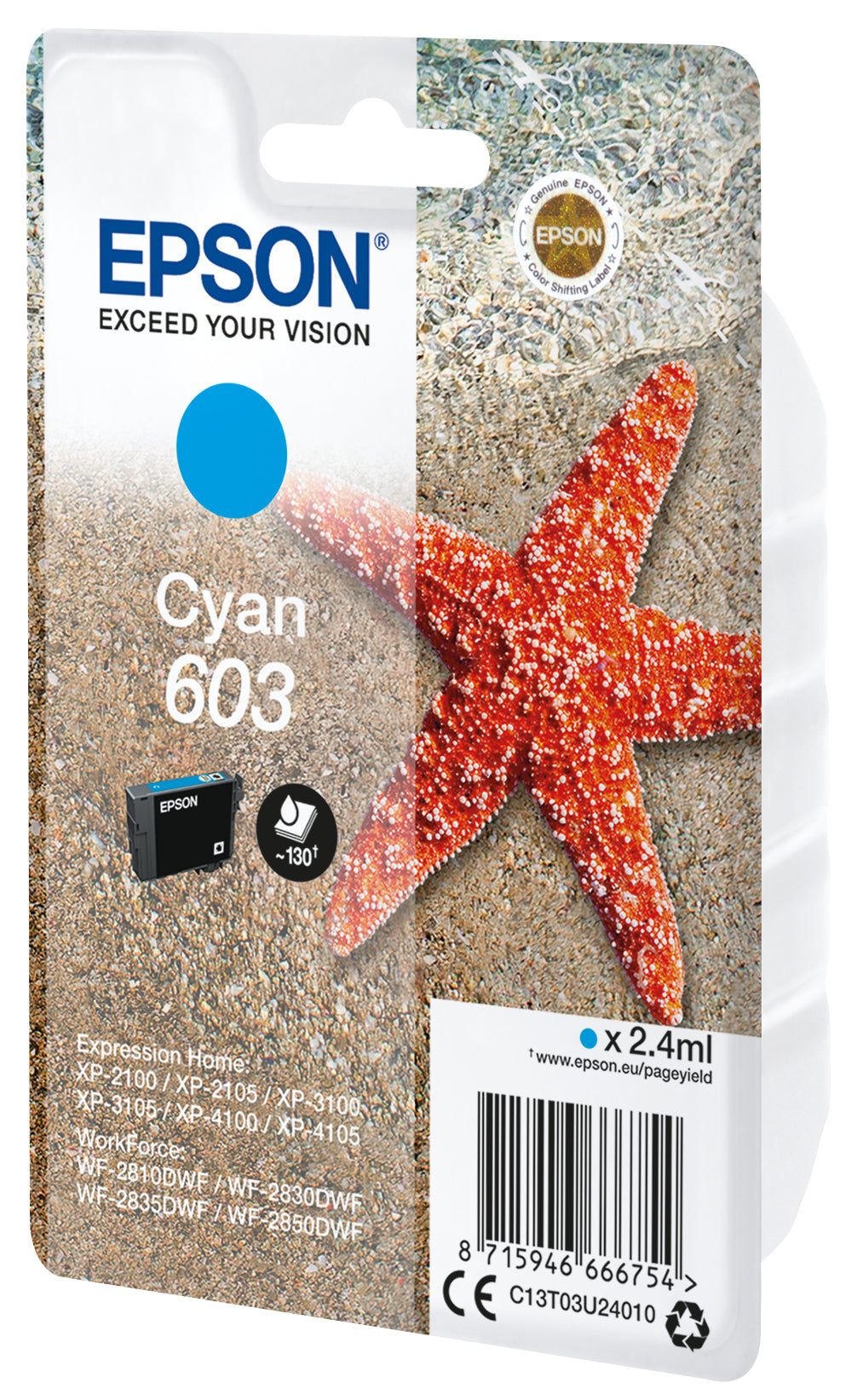 Epson Singlepack Cyan 603 Ink, Resa standard, Ciano, 2,4 ml, 1 pz