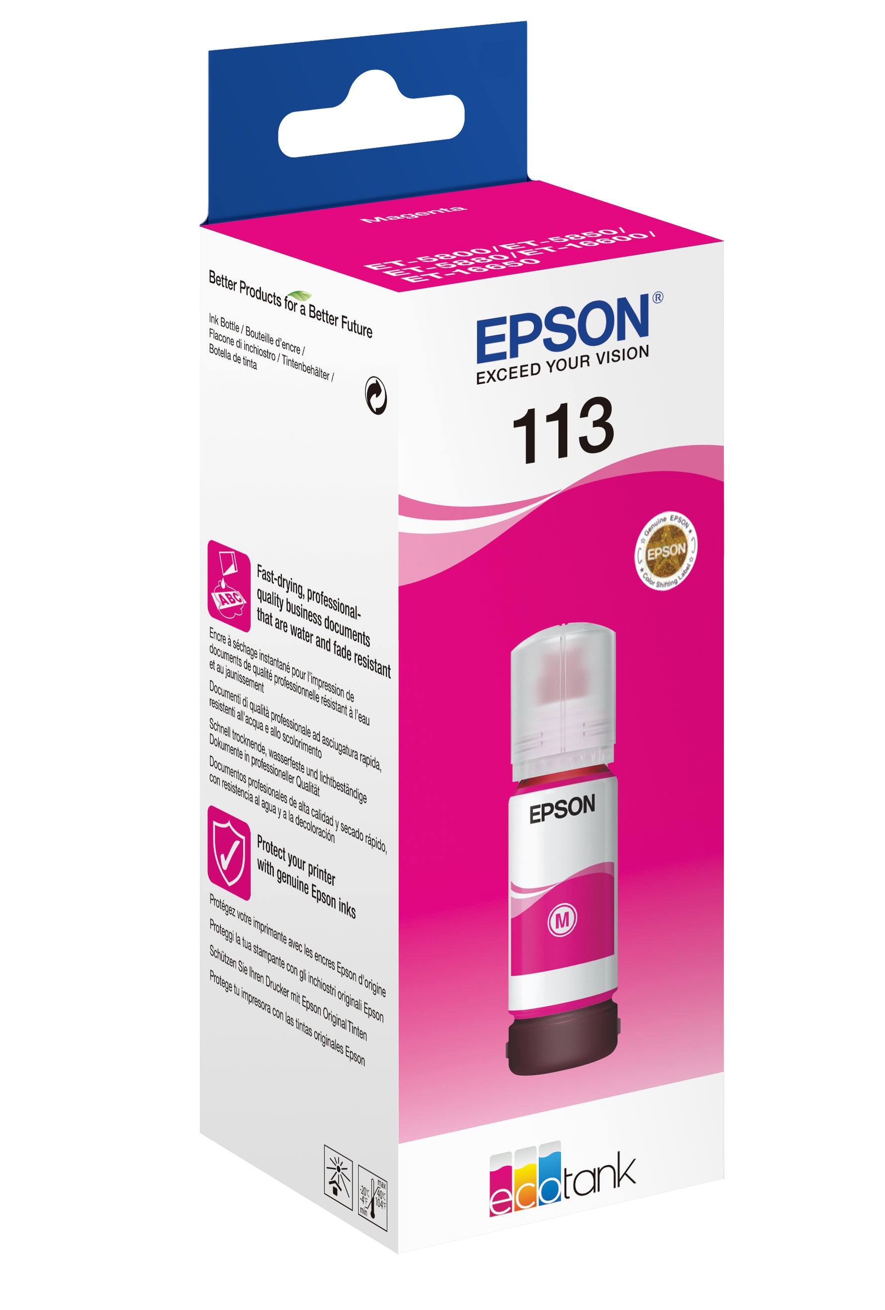 Epson 113 EcoTank Pigment Magenta ink bottle, Originale, Magenta, Epson, Ecotank ET-5880, EcoTank ET-5850, EcoTank ET-5800, EcoTank ET-16650, EcoTank ET-16600, 6000 pagine, 70 ml