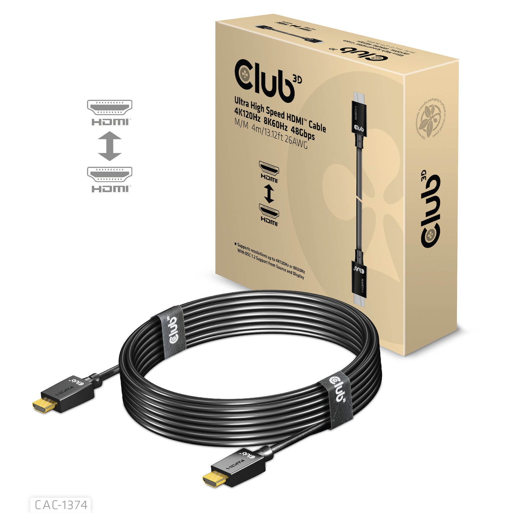 CLUB3D CAC-1374, 4 m, HDMI tipo A (Standard), HDMI tipo A (Standard), Compatibilità 3D, 48 Gbit/s, Nero