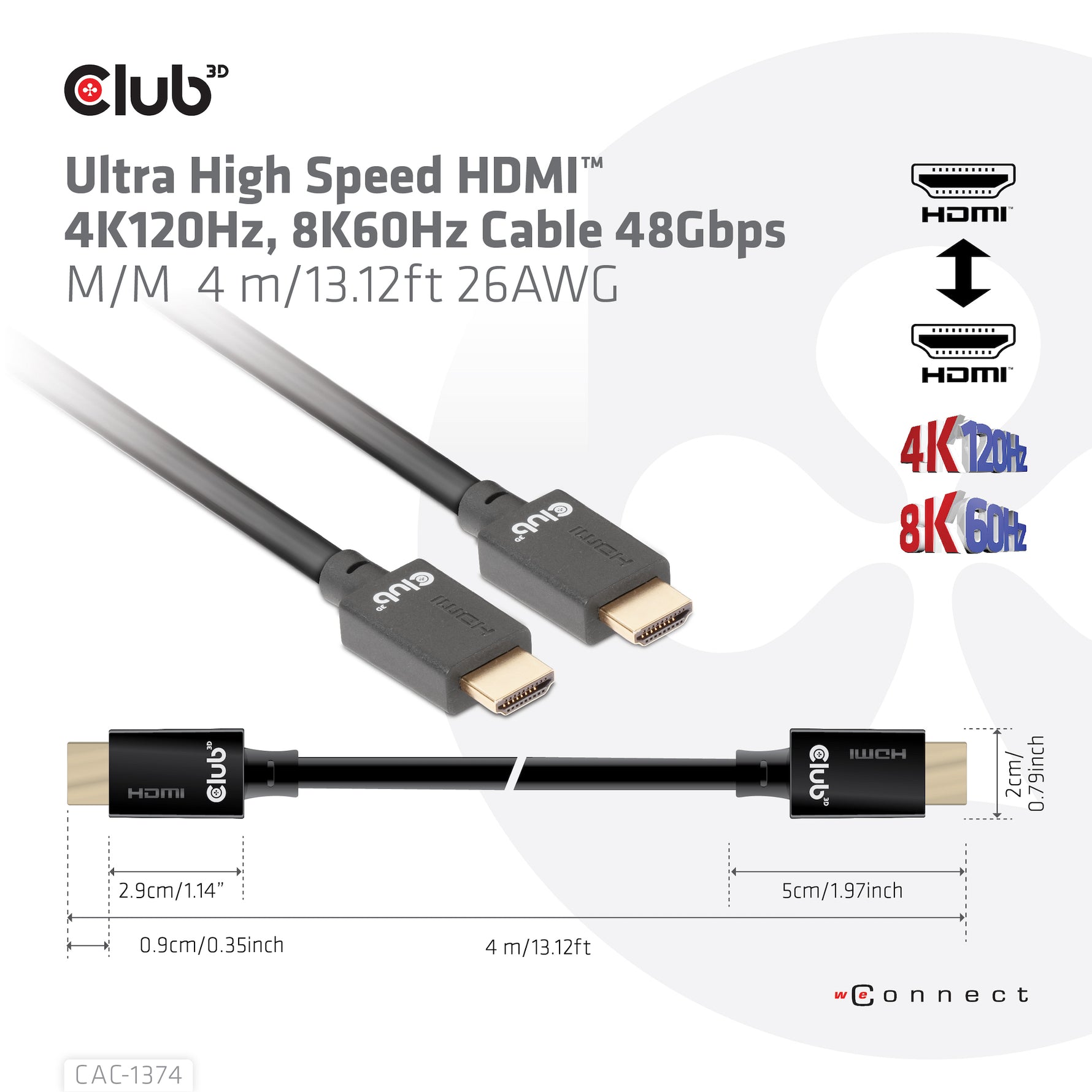 CLUB3D CAC-1374, 4 m, HDMI tipo A (Standard), HDMI tipo A (Standard), Compatibilità 3D, 48 Gbit/s, Nero