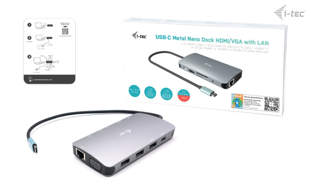 i-tec Metal USB-C Travel Nano Dock HDMI/VGA with LAN + Power Delivery 100 W, Cablato, USB 3.2 Gen 1 (3.1 Gen 1) Type-C, 100 W, 3,5 mm, Argento, MicroSD (TransFlash), SD