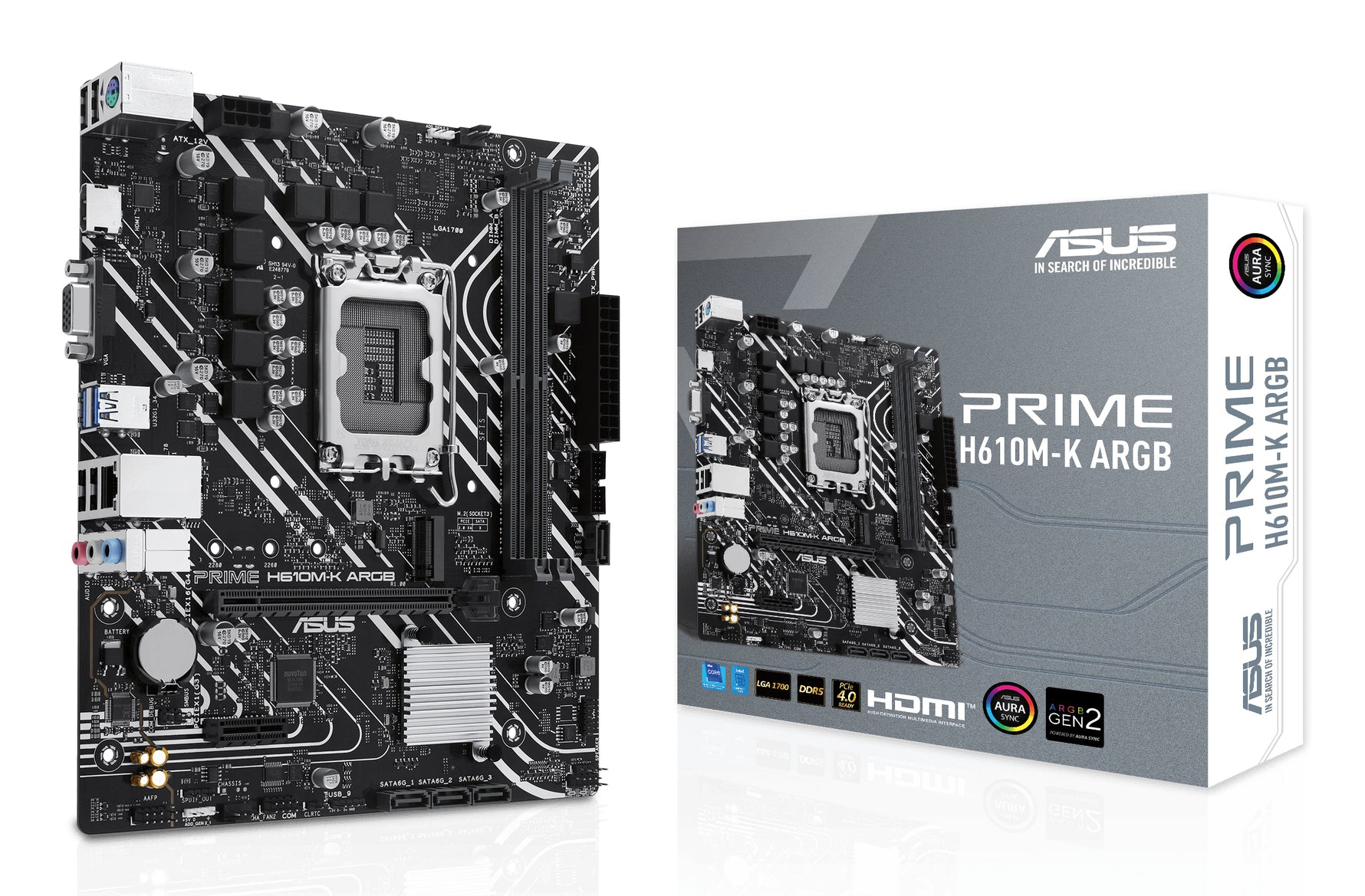 ASUS PRIME H610M-K ARGB, Intel, LGA 1700, Intel® Celeron®, Intel® Core™ i3, Intel® Core™ i5, Intel® Core™ i7, Intel® Core™ i9,..., DDR5-SDRAM, 96 GB, DIMM
