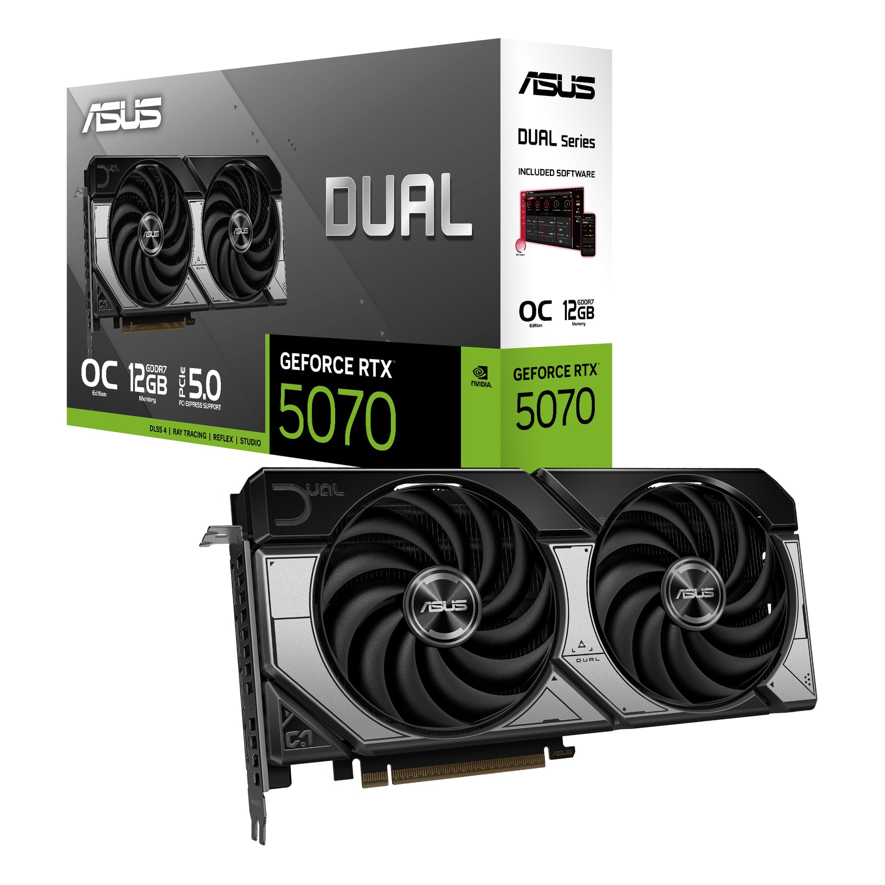 ASUS Dual -RTX5070-O12G, GeForce RTX 5070, 12 GB, GDDR7, 192 bit, 7680 x 4320 Pixel, PCI Express 5.0