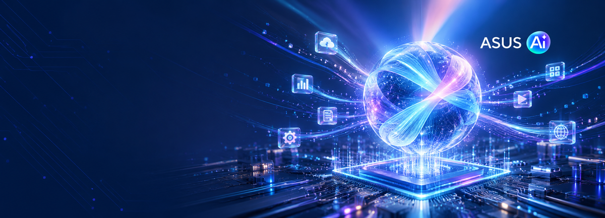 ASUS AI: nucleo di intelligenza artificiale con circuiti e connessioni luminose