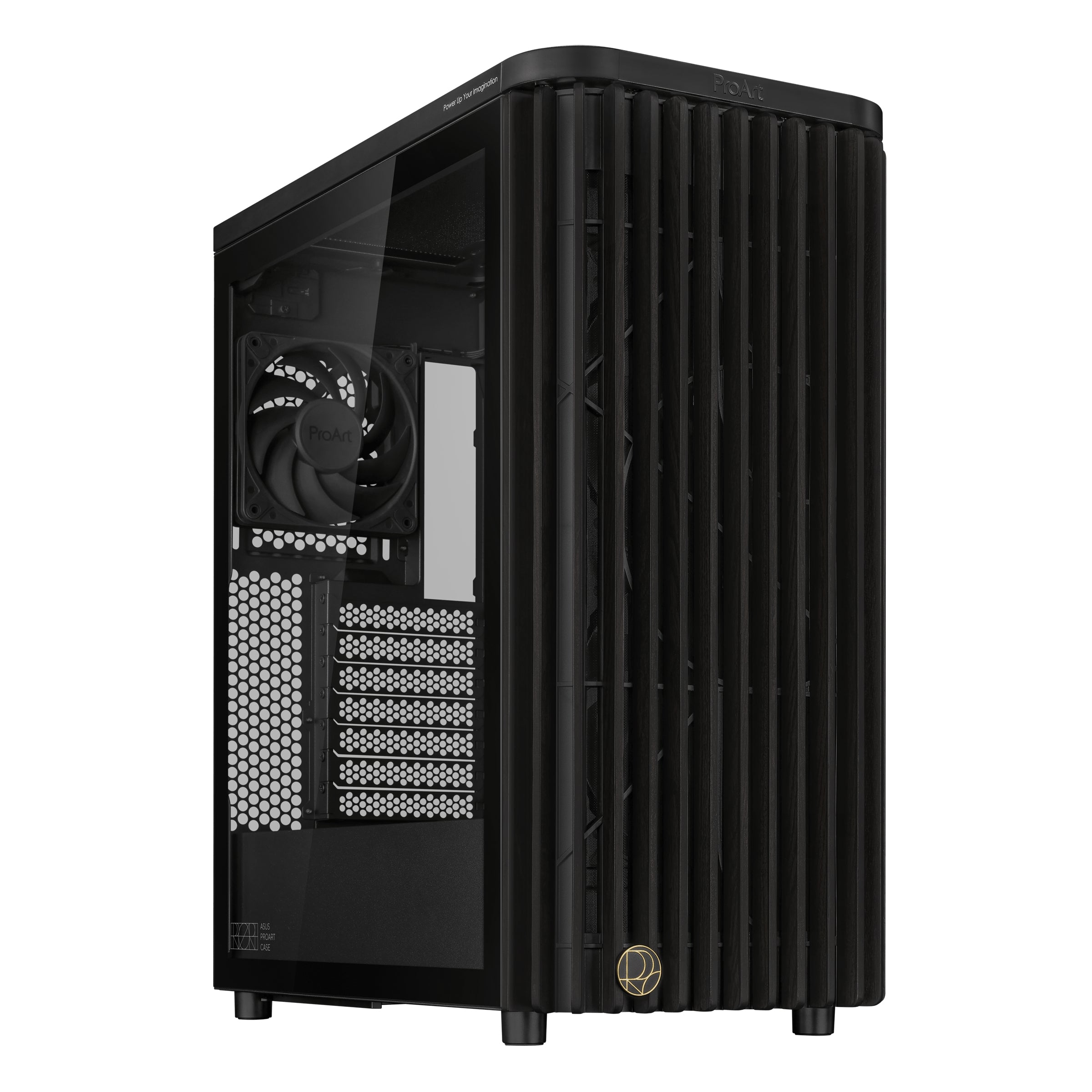 ASUS ProArt PA401 ABS TG PWM BLACK — vista frontale e laterale con vetro temperato