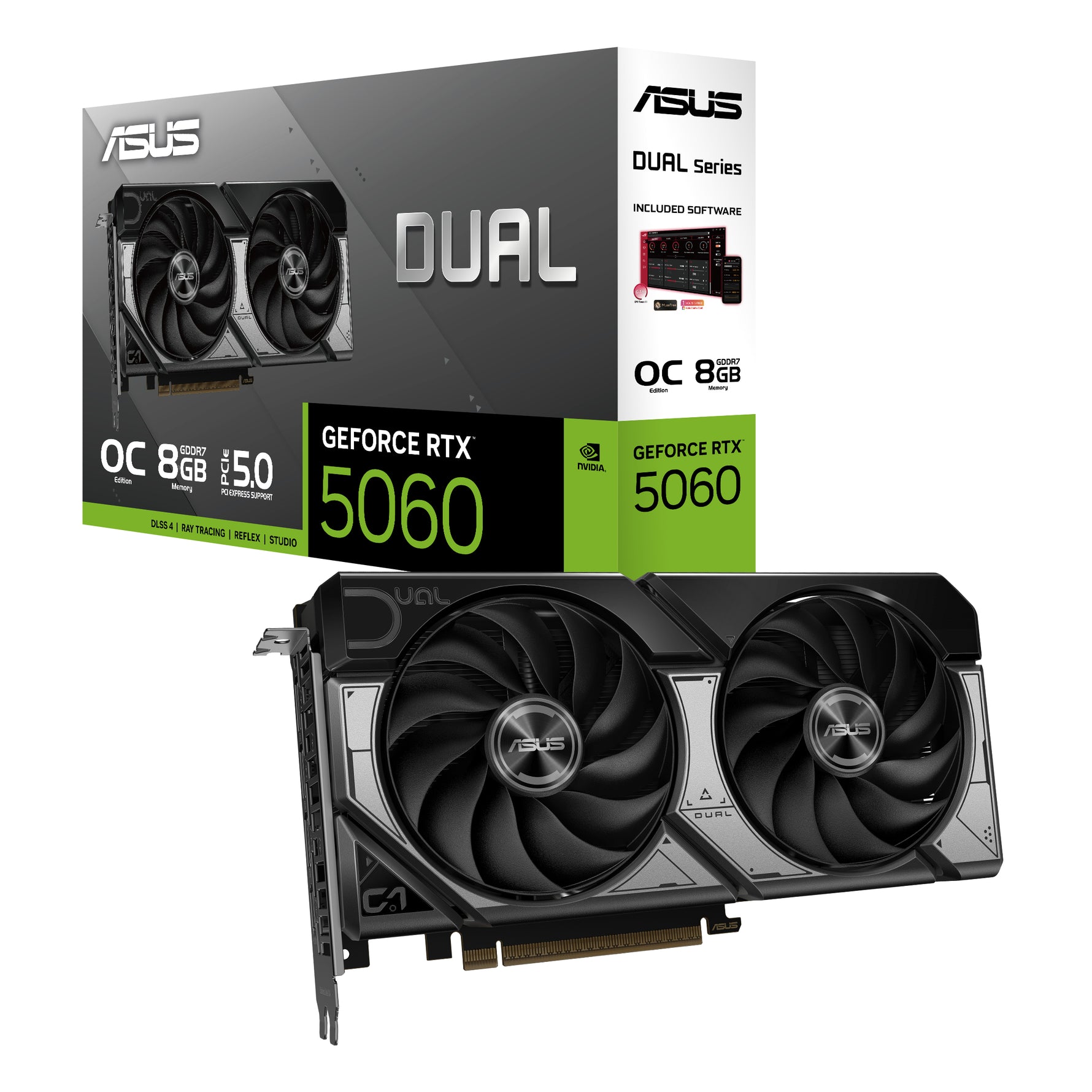 ASUS Dual -RTX5060-O8G, GeForce RTX 5060, 8 GB, GDDR7, 128 bit, 7680 x 4320 Pixel, PCI Express 5.0