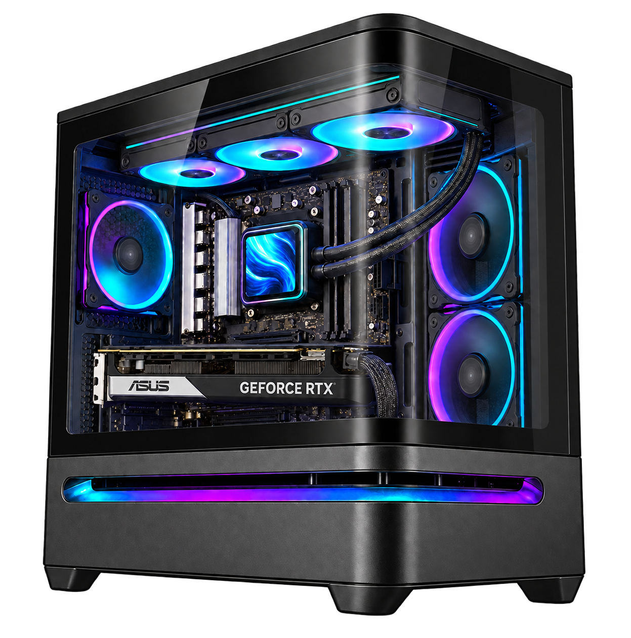 EXPLORER AI AMD nel case ASUS AP202 nero — render illustrativo, vista tre quarti