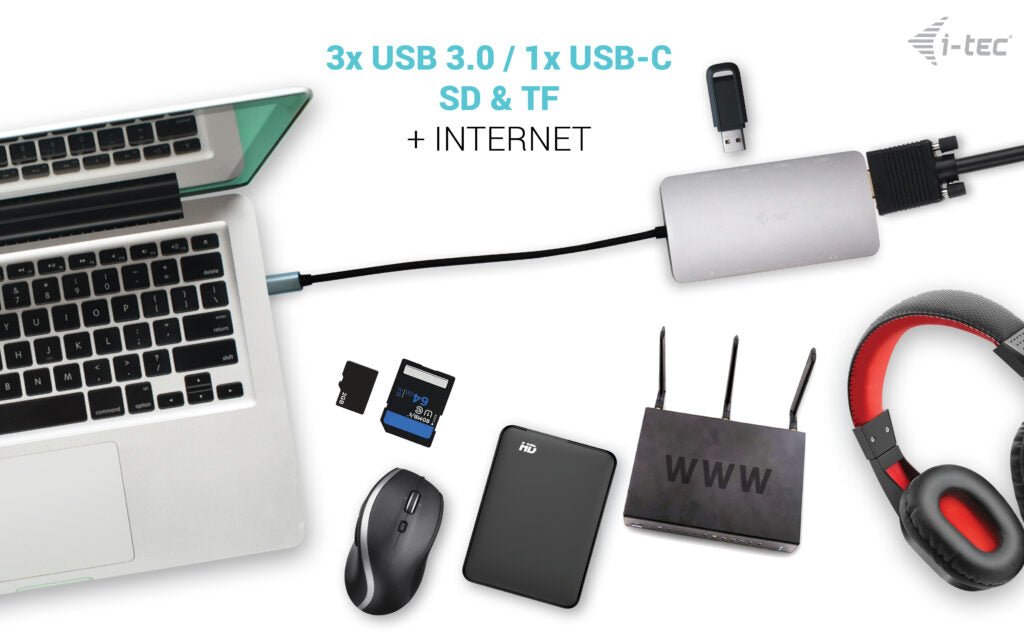 i-tec Metal USB-C Travel Nano Dock HDMI/VGA with LAN + Power Delivery 100 W, Cablato, USB 3.2 Gen 1 (3.1 Gen 1) Type-C, 100 W, 3,5 mm, Argento, MicroSD (TransFlash), SD