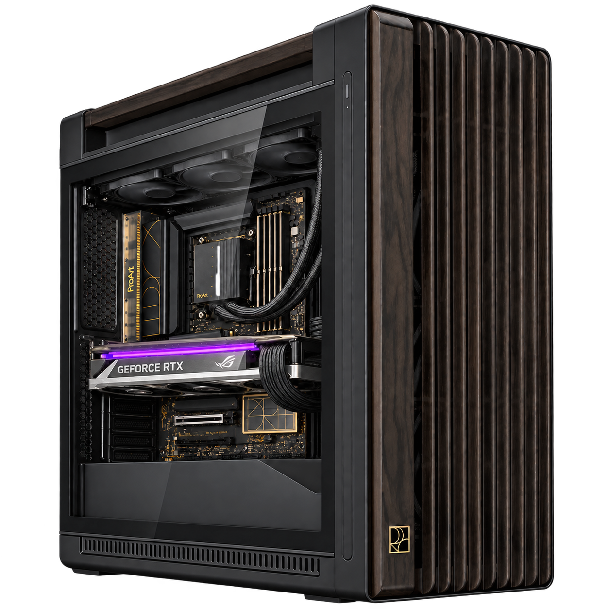 PRO AI AMD nel case ASUS ProArt PA602 Wood Black — render illustrativo, GPU orizzontale nella posizione PCI Express superiore, vista tre quarti