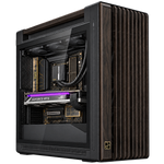 PRO AI AMD nel case ASUS ProArt PA602 Wood Black — render illustrativo, GPU orizzontale nella posizione PCI Express superiore, vista tre quarti