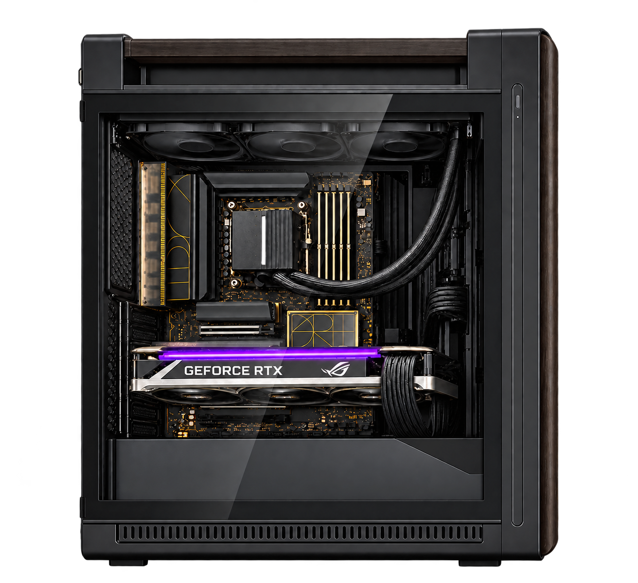 PRO AI AMD — render illustrativo, GPU orizzontale nella posizione PCI Express superiore, vista laterale