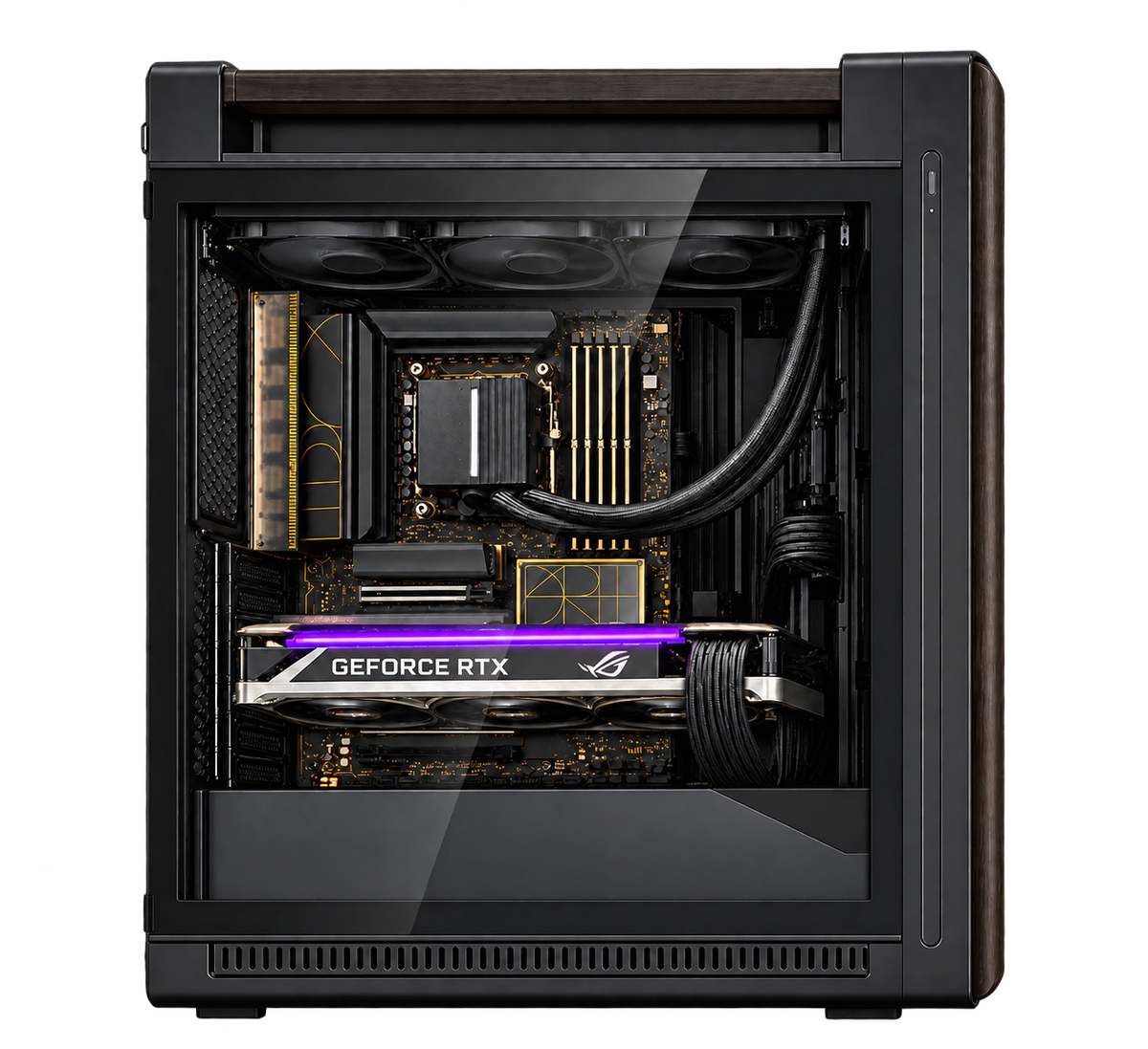 PRO AI AMD — render illustrativo, GPU orizzontale nella posizione PCI Express superiore, vista laterale