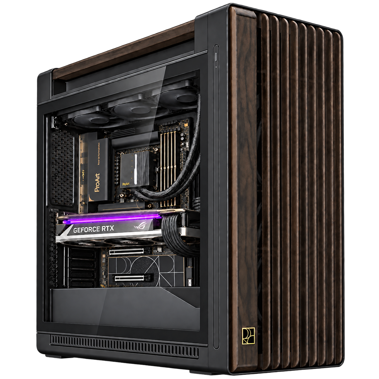 PRO AI INTEL nel case ProArt PA602 Wood Black — render illustrativo con GPU orizzontale nel PCI Express superiore, vista tre quarti