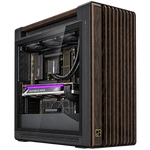 PRO AI INTEL nel case ProArt PA602 Wood Black — render illustrativo con GPU orizzontale nel PCI Express superiore, vista tre quarti