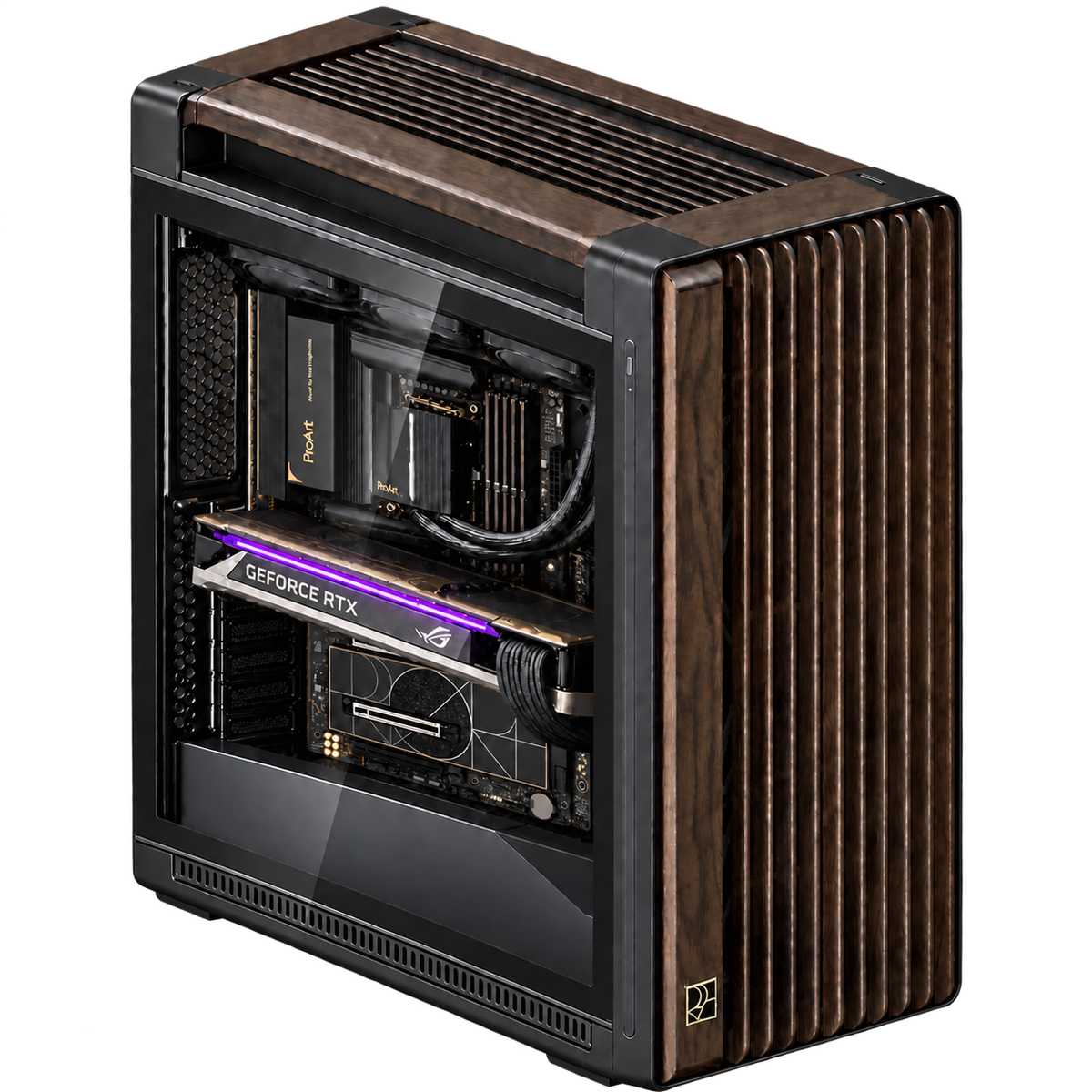 PRO AI INTEL, vista alta illustrativa con scheda grafica orizzontale nello slot PCI Express superiore