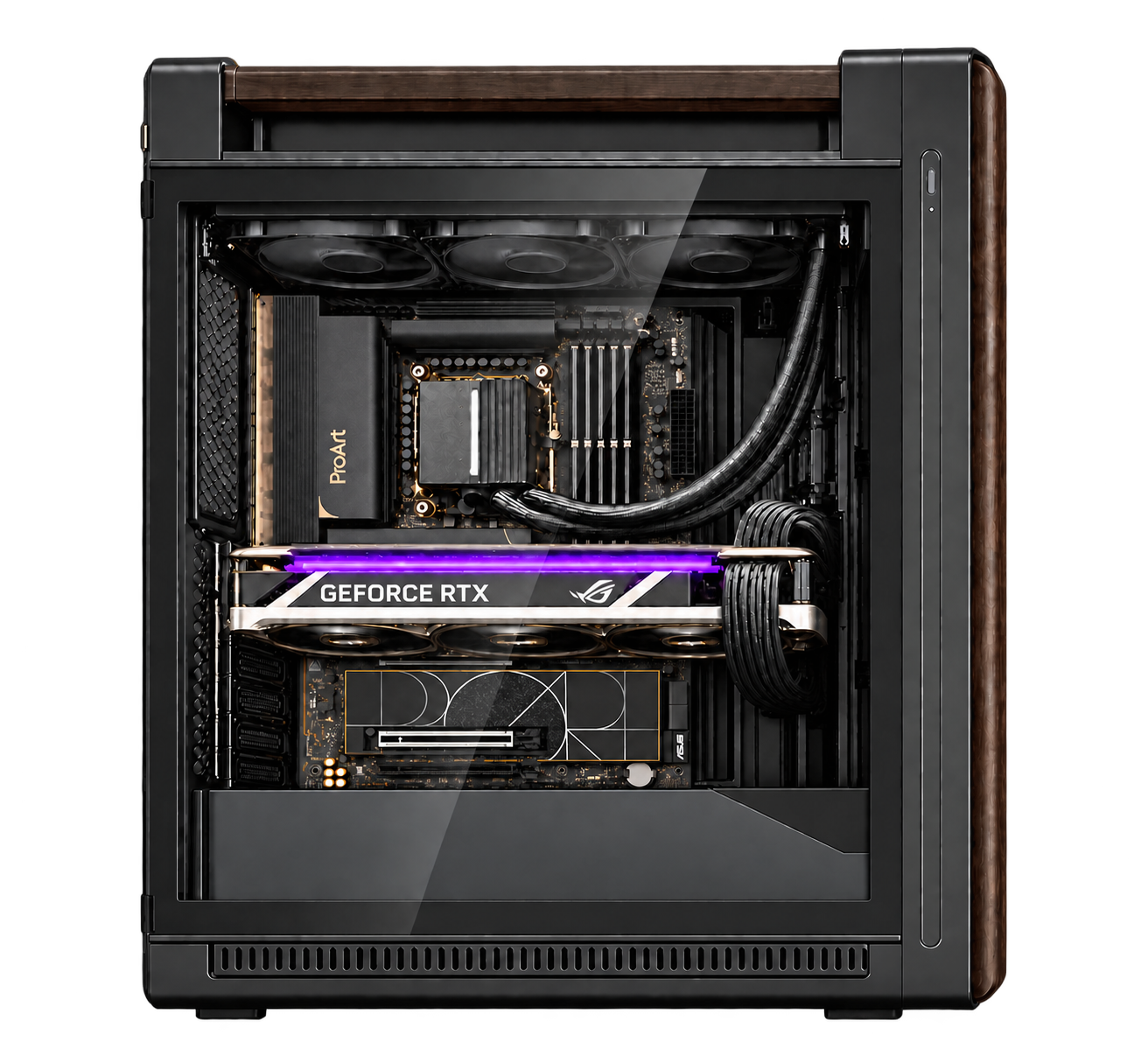 PRO AI INTEL nel case ProArt PA602 Wood Black — render illustrativo con GPU orizzontale nel PCI Express superiore, vista laterale