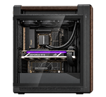 PRO AI INTEL nel case ProArt PA602 Wood Black — render illustrativo con GPU orizzontale nel PCI Express superiore, vista laterale